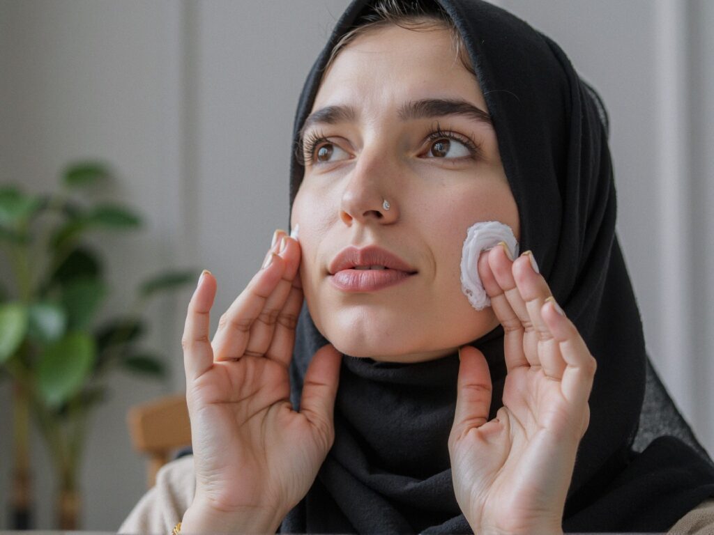 A veiled Arab woman applying moisturizer to her face