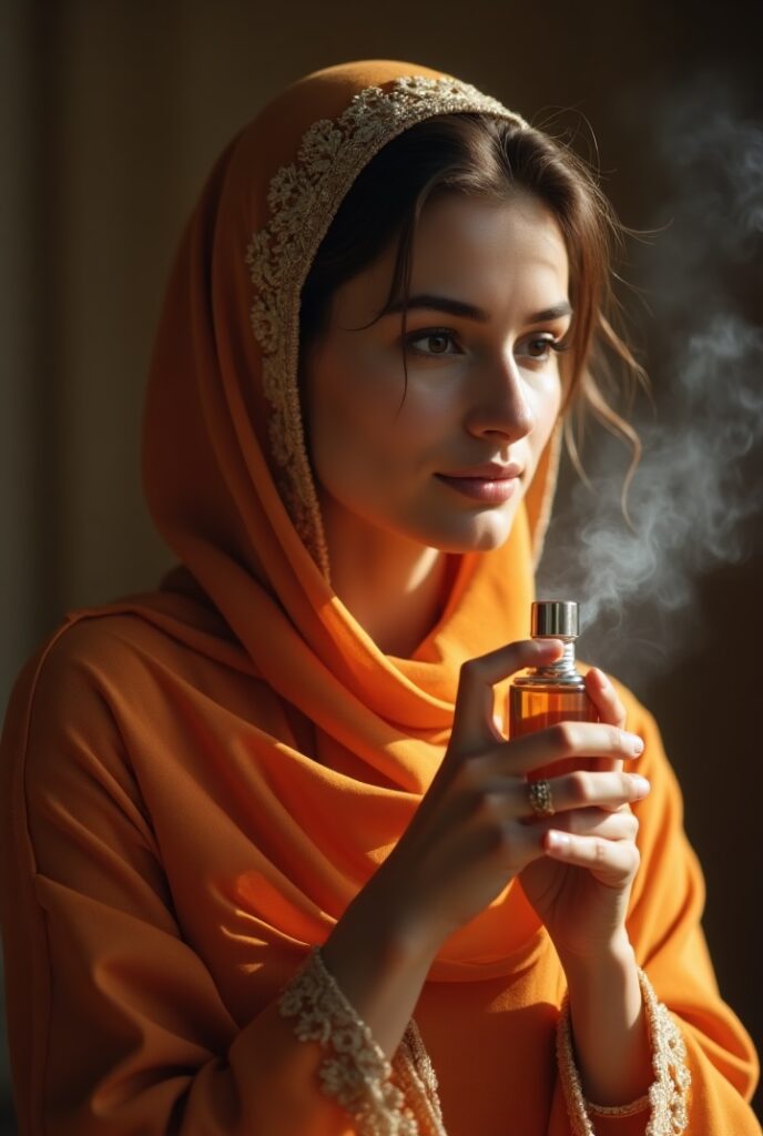Arab woman spraying perfume